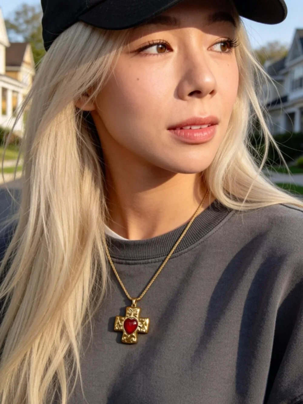 Gold Cross Heart Pendant Stainless Steel Vintage Style Necklace - Picture 9 of 12